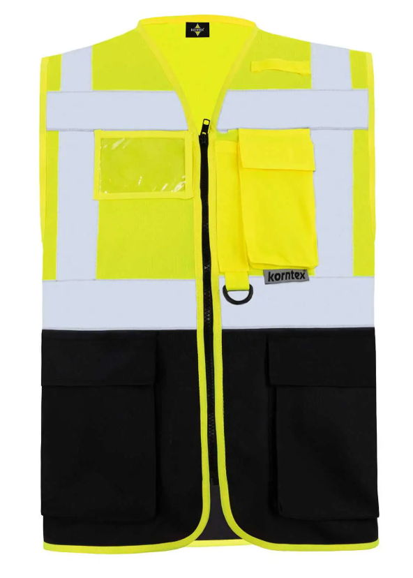 Korntex KXMFGS Gilet Alta Visibilità Multifunzione – EN ISO 20471, Con Tasche, Per Smartphone E Documenti, Arancione/giallo