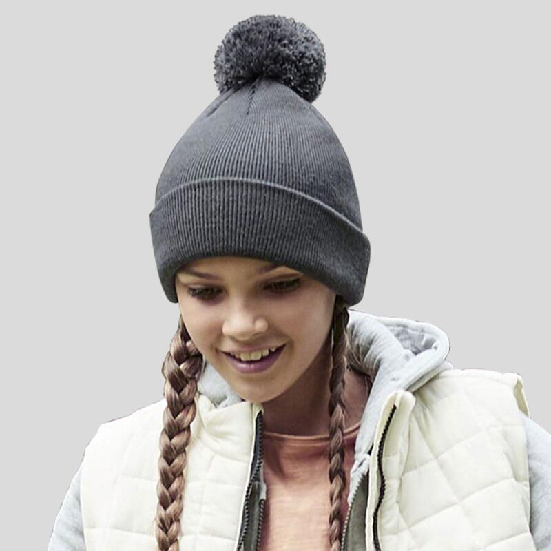 B426B Beechfield Cuffia da bambino in maglia doppio strato con pompon in tinta modello con risvolto Thumbnail