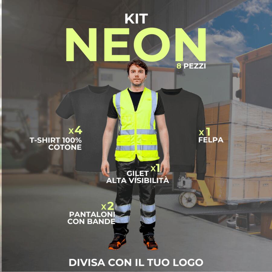 KIT NEON - KIT 8 Articoli Divisa Lavoro : 2xPantalone Multitasca con Bande - 4xMagliette T-Shirt  - 1xFelpa Girocollo- 1xGilet Alta visibilità EN20471 CL.2 Thumbnail