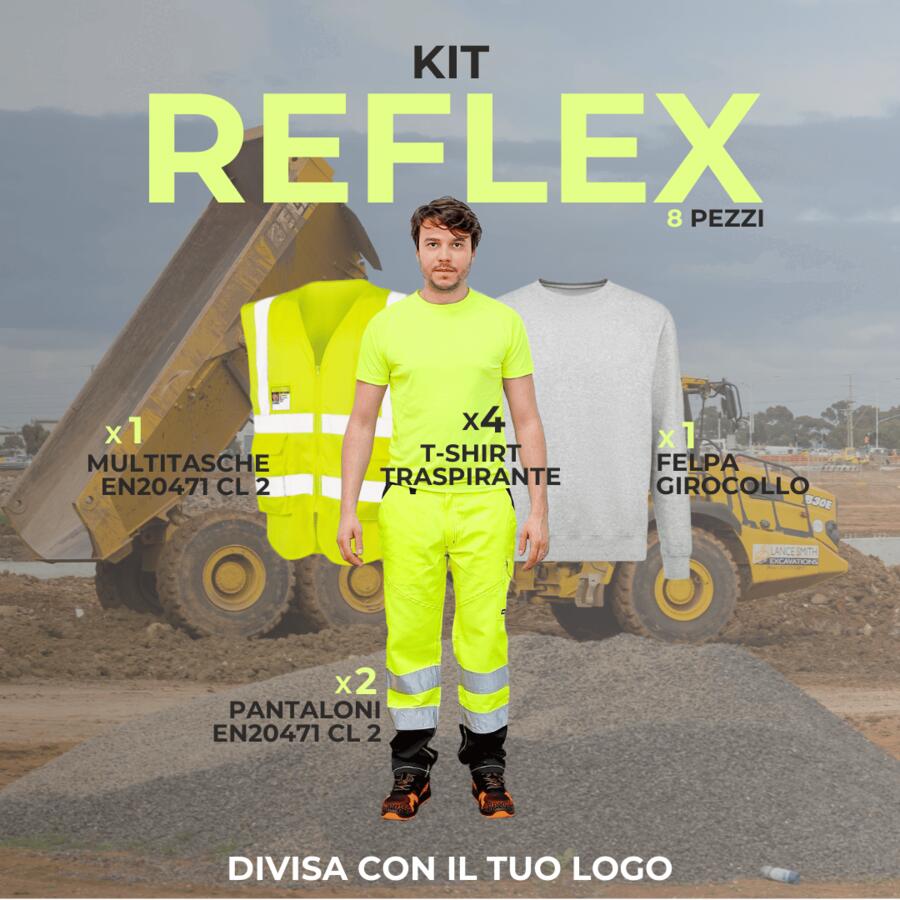 KIT REFLEX - KIT 8 Articoli Divisa Lavoro : 2xPantalone certificato Alta visibilità - 4xMagliette T-Shirt  tecniche- 1xFelpa Girocollo- 1xGilet multitasche Alta visibilità EN20471 CL2 Thumbnail