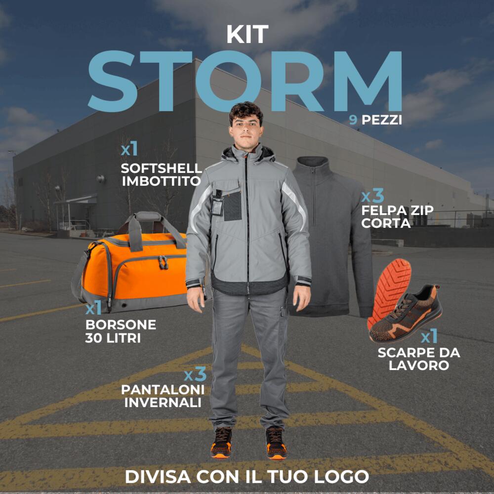 KIT STORM - KIT 9 Articoli Divisa Lavoro Invernale : 3xPantalone Invernale - 3xFelpa Zip Corta - 1xGiubbotto Imbottito Softshell -1XBorsone - 1XScarpe Lavoro Thumbnail