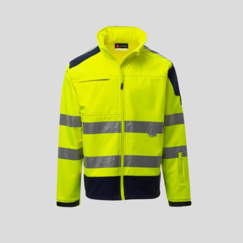 Screen Payper Giacca Softshell bicolore in alta visibilità con cappuccio a scomparsa e porta badge staccabile EN ISO 20471 Cl.2 93% poliestere 7% elastan 330gr Thumbnail