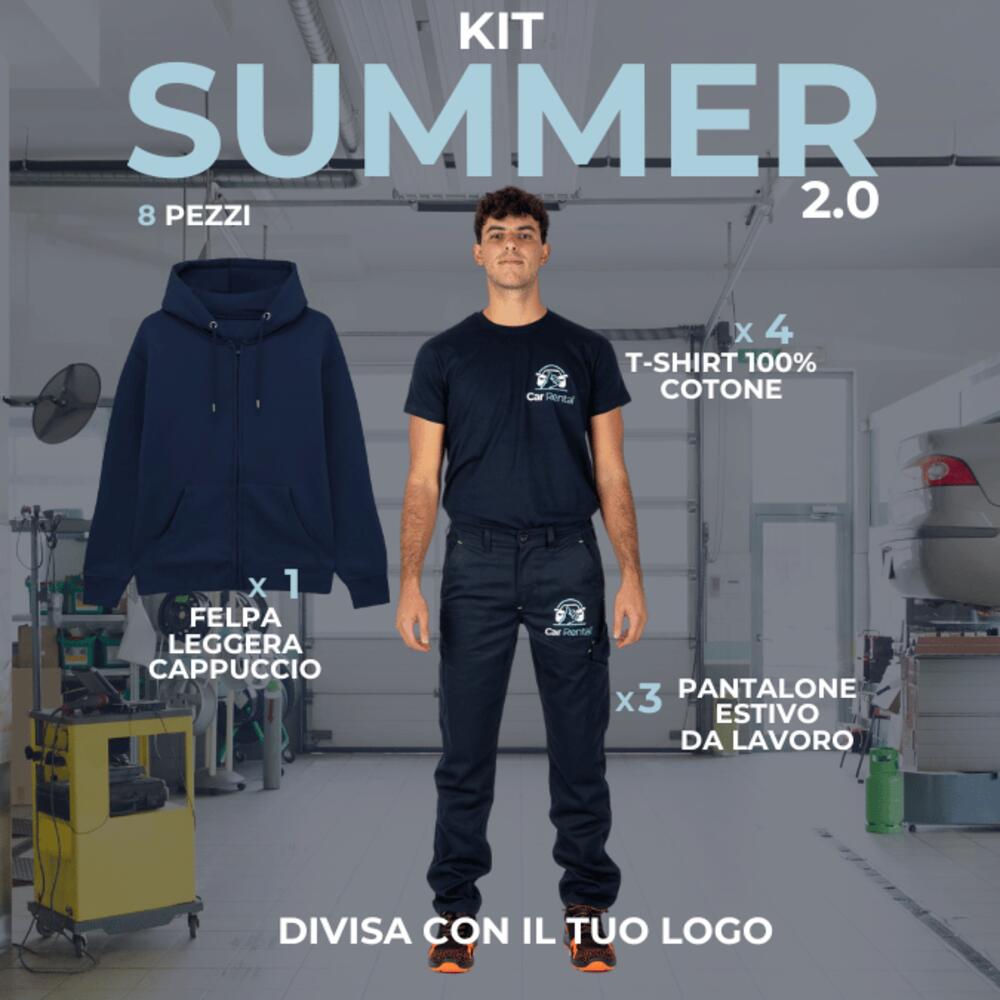 KITSUMMER 2.0 - Divisa da lavoro estiva in KIT 8 Articoli: 3xPantaloni Multitasche estivi  -4 xMaglietta T-Shirt personalizzate - 1X Felpa cappuccio e zip tessuto leggero  Thumbnail