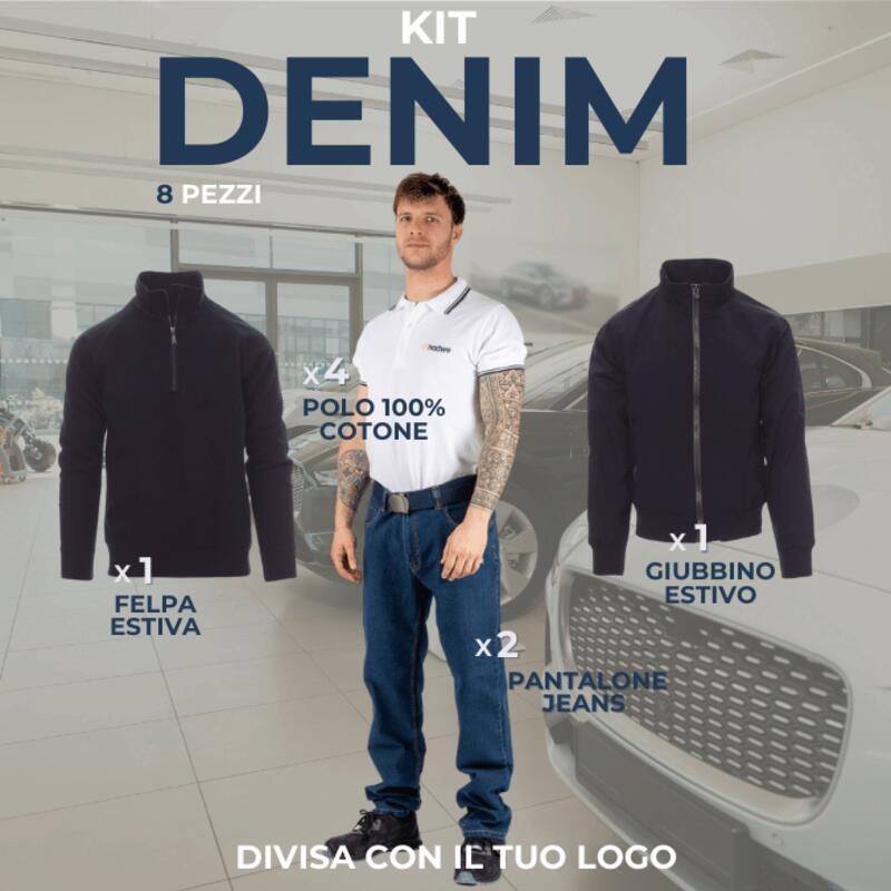 KIT DENIM - Abbigliamento lavoro 8 Articoli : 2xPantaloni Jeans - 4xPolo Bicolore - 1xFelpa Leggera Zip Corta - 1xGiubbino Estivo Thumbnail