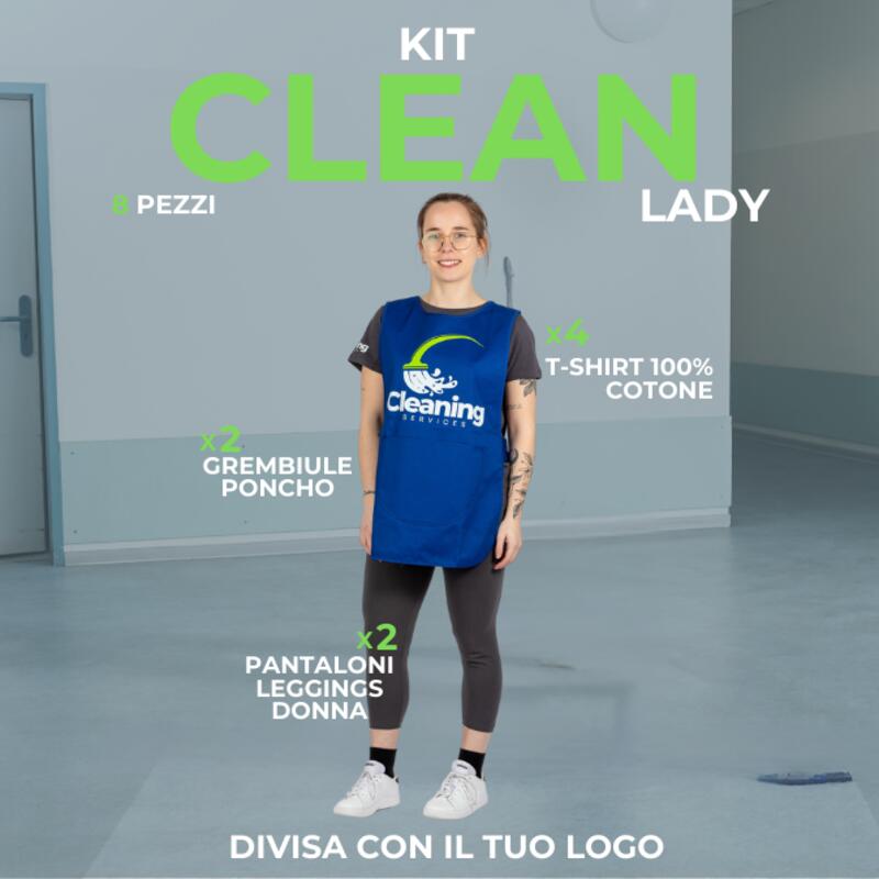 CLEAN LADY - Divisa da lavoro donna in KIT. 8 Articoli: 2xPantalone Leggings 3/4 -4x Maglietta T-shirt - 2xGrembiule Poncho multitasche Thumbnail