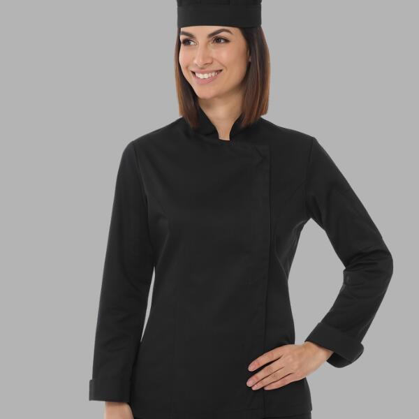 057751 Giacca da cuoco donna elasticizzata nera personalizzabile con logo Thumbnail