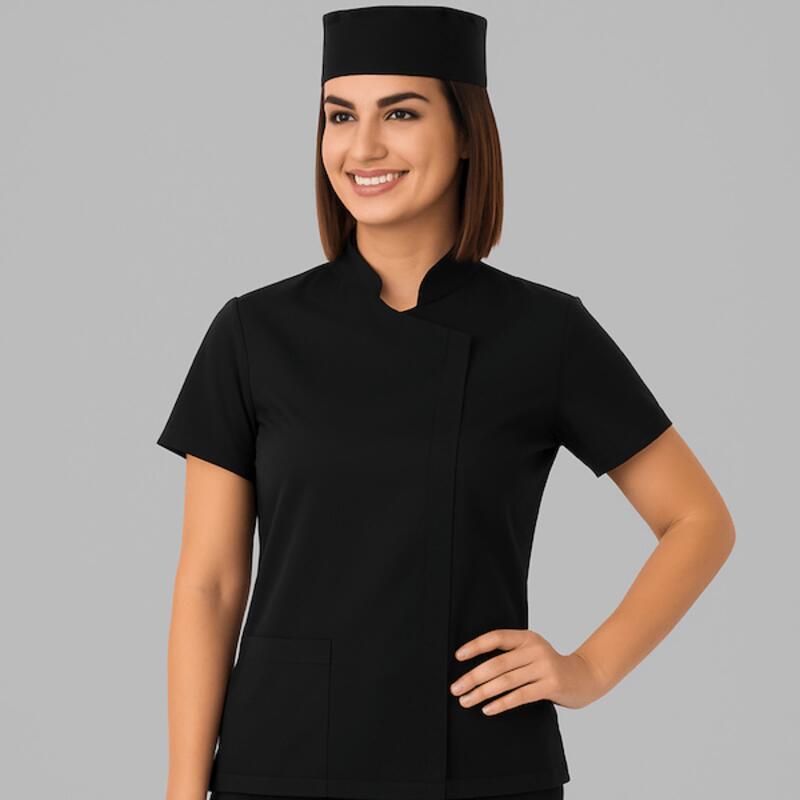 057751M Giacca da cuoco donna manica corta elasticizzata nera personalizzabile con logo Thumbnail