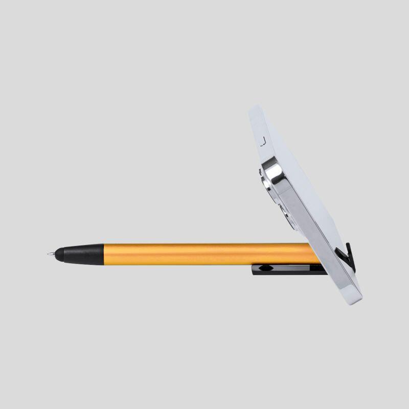 21118 Penna touch con meccanismo a pulsante in robusto alluminio con supporto per dispositivi mobili integrato a clip Thumbnail