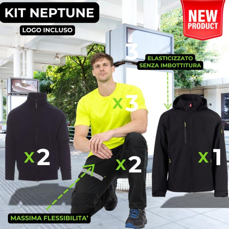 KIT NEPTUNE– 8 CAPI con Logo – Pantalone da lavoro elasticizzato  + T-shirt + Felpa zip Lunga + Softshell leggero elasticizzato cappuccio Thumbnail