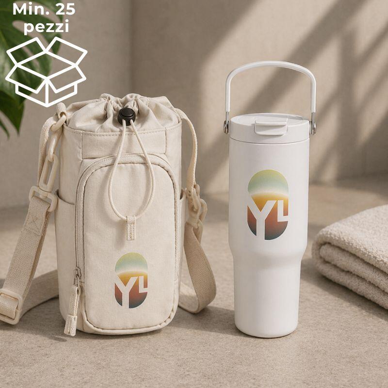 Kit GB7 - Borsa a tracolla porta borraccia + Bicchiere termico 900ml acciaio  Stampa full color inclusa Thumbnail