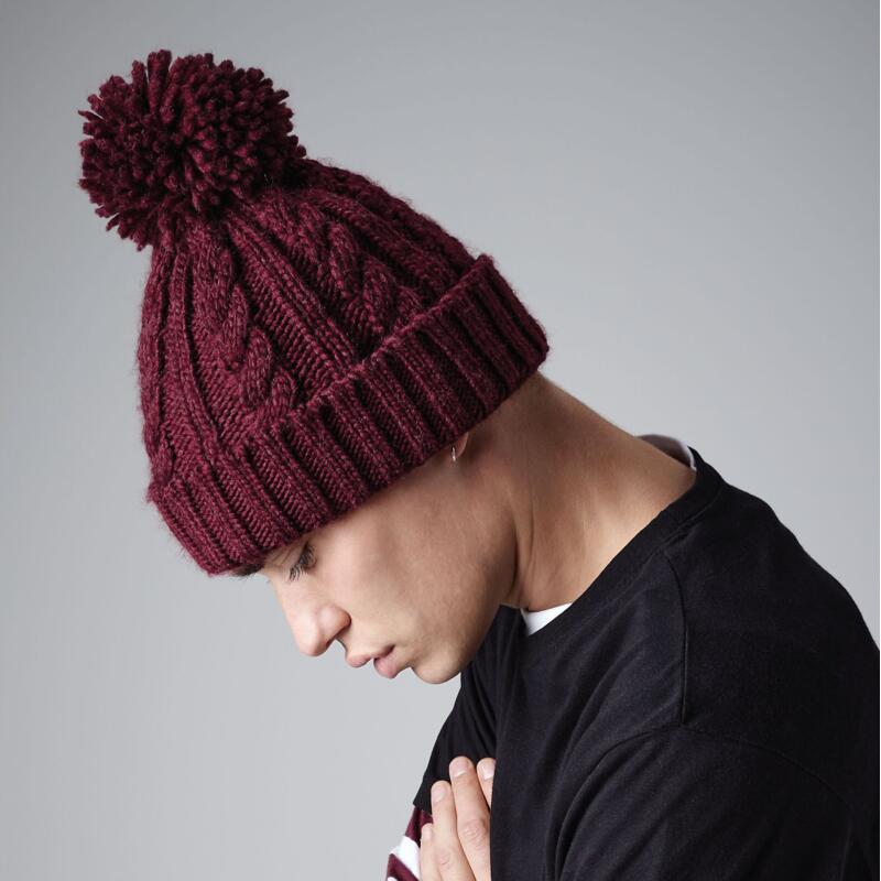 B480 Beechfield Berretto con pon pom in maglia melange in filato pesante a trecce fascia termica interna in pile 100% acrilico Soft-Touch Thumbnail